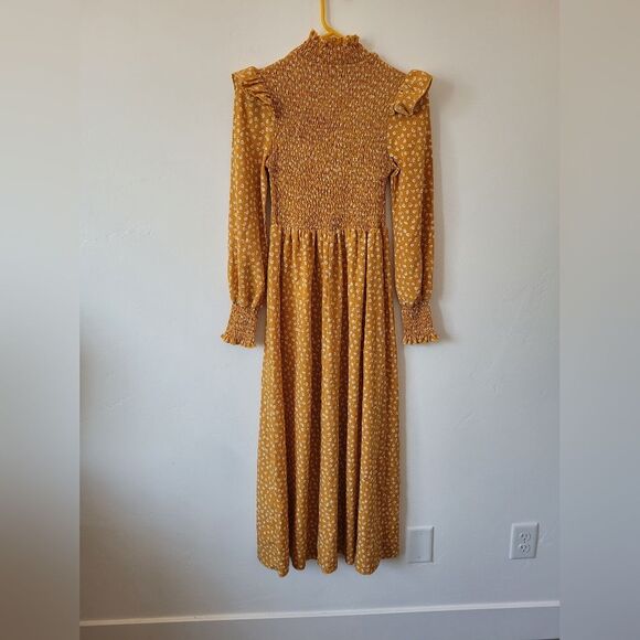 Yellow Floral Maxi Peasant Dress Boho Flounce Flutter Gypsy Hippie Cottagecore S - Picture 8 of 10